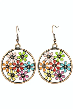 Fako Bijoux® Oorbellen - Cirkel Met Bloemen - Ø 34mm - Multicolour