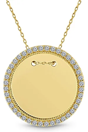 Juwelier Emo Geelgouden Ketting Graveerplaat Rond - 14 karaat - Zirkonia stenen – Lengte 42 CM