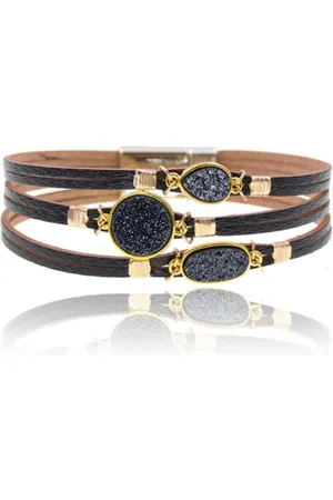 Deja Jewels Zwart met goudkleurige leren Boho dames armband met glitter stenen