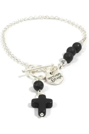 Heaven Eleven Dames Armband zilverkleurige plating - onyx matte - kruisje