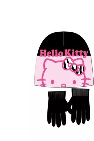 Hello Kitty | Winterset | 2-delig | Muts & Handschoenen | Zwart & Rose | 54 cm