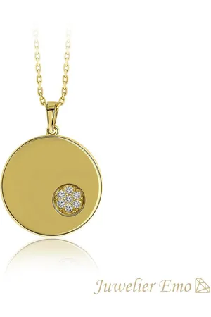 Juwelier Emo – 14 Karaat Gouden Ronde plaat Ketting met Zirkonia stenen - Dames Ketting - 45 CM