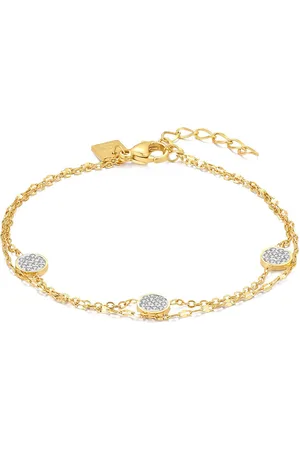 Armband in goudkleurig edelstaal, dubbele ketting, 3 rondjes met witte kristallen 16 cm+3 cm