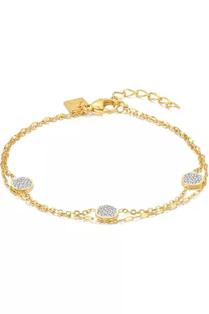 Twice As Nice Dames Dubbele kettingen - Armband in goudkleurig edelstaal, dubbele ketting, 3 rondjes met witte kristallen 16 cm+3 cm