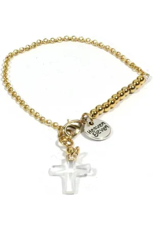 Heaven Eleven Dames armband - Ibiza - goudkleurige plating schakel 2mm - natuursteen kralen - kruisje - 18cm