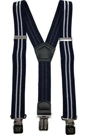 Flores Lederwaren Heren - Dames Bretels – 3 brede stalen clips bretel - Unisex volwassenen -Motorrijders – Spijkerbroek – Beroepskleding – Skikleding – Kleur/Motief: Donkerblauw Dubbele Witte Streep.
