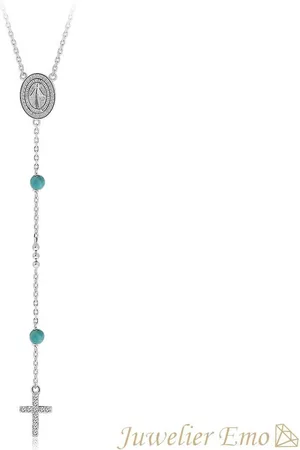 Juwelier Emo Rozenkrans ketting met Turquoise stenen - Kruis hanger - 50 cm