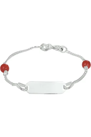Cataleya Jewels Zilveren kinder graveerplaat armband rode kraaltjes 13cm