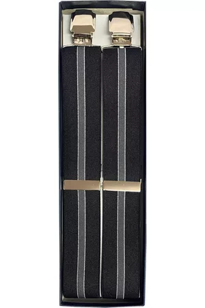 Merkloos Sorprese – Luxe chique – heren bretels – 3 extra brede stevige clips – zwart gestreept met grijs design – met zwart leer – bretels