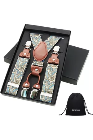 Sorprese Accessoire bretels - Luxe chique bretels - Crème paisley dessin - - midden bruin leer - 4 stevige clips - bretels heren - unisex