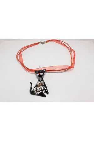 Fashion Jewelry Halsketting aan koord en zijde met glazen kat met inlays