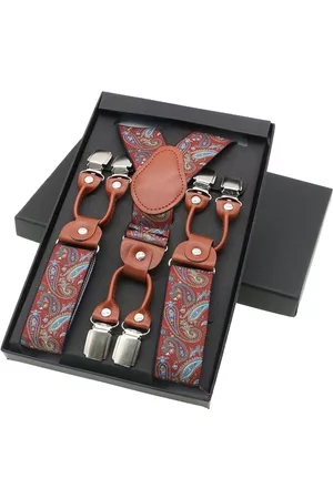 Sorprese Accessoire bretels - Chique moderne bretels - Rood paisley dessin - middenbruin leer - 6 stevige clips - heren - unisex - Cadeau