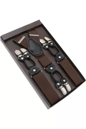 Merkloos Accessoire bretels - Luxe chique bretels - Donkerbruin effen - Sorprese - zwart leer - 6 stevige clips - heren - unisex