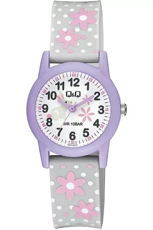 Q&Q Horloges - V22A-004VY - Horloge - Sport - Analoog - Kinderen - Unisex - Plastic band - Rond - Kunststof - Cijfers - Bloemen - Stippen - Konijn - Paars - Grijs - Wit - Roze - 10 ATM