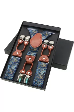 Sorprese Accessoire bretels - Chique moderne bretels - Blauw paisley dessin - middenbruin leer - 6 stevige clips - heren - unisex