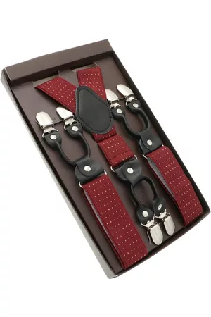 Merkloos Heren Accessoire bretels - Luxe chique - heren bretels - bordeaux rood stip wit - zwart leer - 6 extra stevige clips