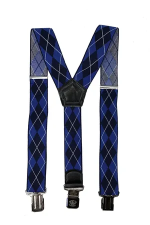 Flores Lederwaren Heren - Dames Bretels – 3 brede stalen clips bretel - Unisex volwassenen -Motorrijders – Spijkerbroek – Beroepskleding – Skikleding – Kleur/Motief: Royal Blue geruit.