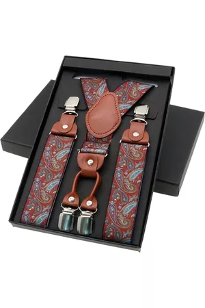 Merkloos Accessoire bretels - Luxe chique bretels – Rood paisley dessin – – midden bruin leer – 4 stevige clips – bretels heren – unisex