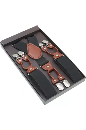 Merkloos Accessoire bretels - Luxe chique bretels - Donkergrijs effen dessin - Sorprese - midden bruin leer - 6 stevige clips - heren - unisex