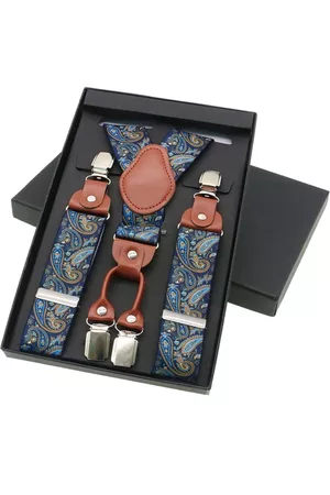 Merkloos Accessoire bretels - Luxe chique bretels – Blauw paisley dessin – – midden bruin leer – 4 stevige clips – bretels heren – unisex - Cadeau