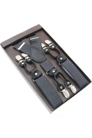 Merkloos Accessoire bretels - Luxe chique bretels - Grijs witte stip - zwart leer - 6 stevige clips - bretels heren - unisex - bretels