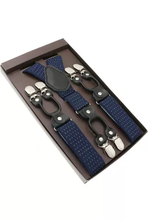 Merkloos Heren Accessoire bretels - Luxe chique – heren bretels – donkerblauw stip wit - zwart leer - 6 extra stevige clips