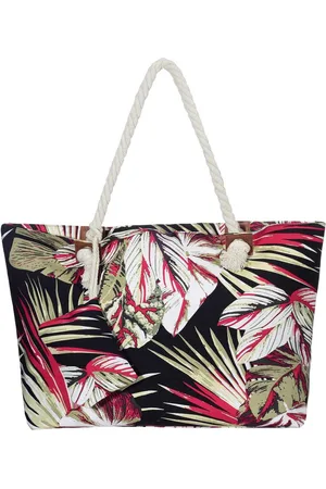 DonDon Zwart/beige bladeren grote strandtas - Schoudertas met ritssluiting - Shopper - Katoen - roze