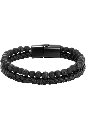 Fako Bijoux® Leren Natuurstenen Armband Heren - Leer - Zwarte & Lavasteen Natuursteen - 6mm - 21cm - /Lavasteen