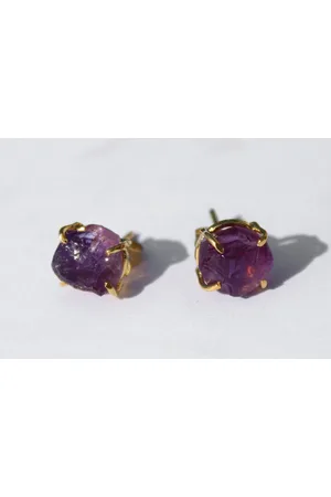 Bixorp Gems Amethist Chakra Oorbellen - Ruwe Edelsteen Knopjes - 18 karaat verguld Goud & Roestvrij Staal - Kruin Chakra
