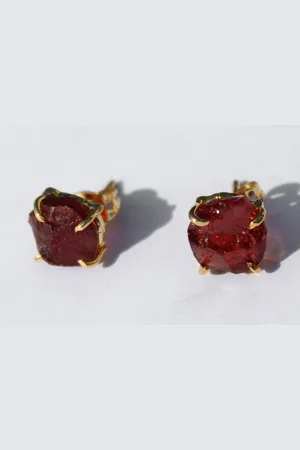 Bixorp Gems Granaat Chakra Oorbellen - Ruwe Edelsteen Knopjes - 18 karaat verguld Goud & Roestvrij Staal - Hart Chakra
