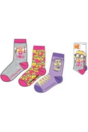 Minions Sokken - Per 3 Paar Verpakt - 1 paar , 1 paar Roze & 1 paar Paars- Maat 31 - 34