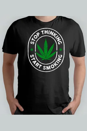 Build Your Brand Stop thinking, Start smoking - T Shirt - Sweet - Green - Groen - Blunt - Happy - Relax - Good Vipes - High - 4:20 - 420 - Mary jane - Chill Out - Roll - Smoke