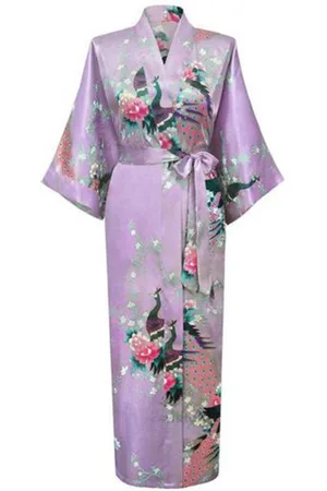 KIMU ® Kimono 3/4 - Maat M-L - Yukata Satijn Onder de Knie - Driekwarts Lichtpaars Ochtendjas Japanse Kamerjas Sexy Satijnen Badjas Geisha Chinese Festival