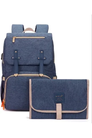 Merkloos Luiertas - Luierrugzak - Jeans Style - Ergonomisch - Met isoleervakjes - verschoningsmat en melk (vloeistof) opwarmzakje USB - Waterproof - Veel opberg ruimte - Kan ook over de hendel van een koffer geschoven worden - Bevestiging voor aan k