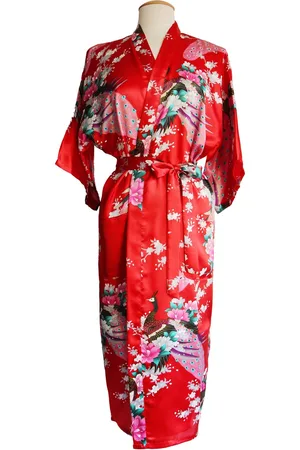 KIMU ® Kimono 7/8e - Maat L-XL - Yukata Satijn Boven de Enkel - Lange Rode Ochtendjas Japanse Kamerjas Sexy Satijnen Badjas Geisha Japan Pauwen Festival