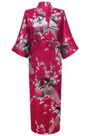 KIMU ® Kimono 3/4 - Maat M-L - Yukata Satijn Onder de Knie - Driekwarts Donkerrode Ochtendjas Japanse Kamerjas Sexy Satijnen Badjas Geisha Festival