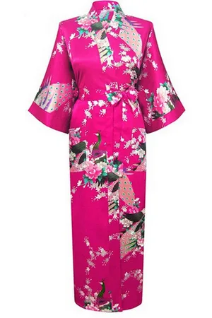 KIMU ® Kimono Donkerroze 3/4 - Maat S-M - Yukata Satijn Onder de Knie - Driekwarts Ochtendjas Japanse Kamerjas Sexy Satijnen Badjas Geisha Japan Festival