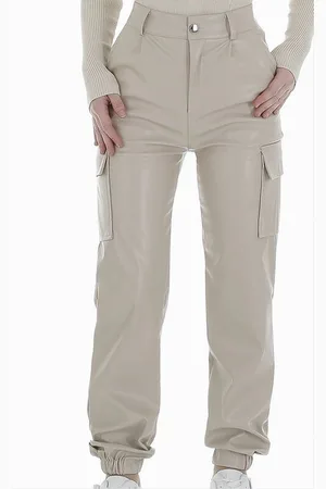 Merkloos Dilena fashion leder cargo broek beige