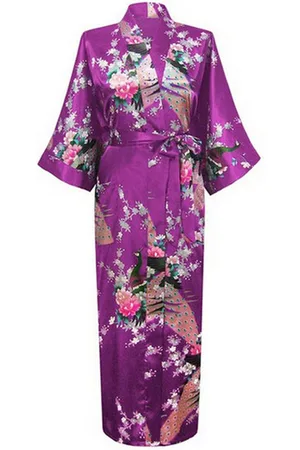 KIMU ® Kimono 7/8e - Maat XS-S - Yukata Satijn Boven de Enkel - Lange Paarse Ochtendjas Japanse Kamerjas Sexy Satijnen Badjas Geisha 152 158 164 Festival