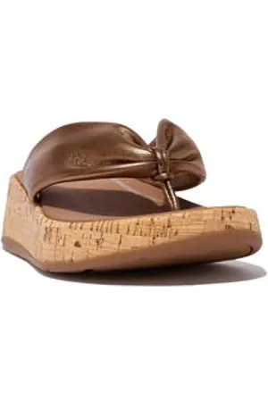 FitFlop F-Mode Leather-Twist Flatform Toe-Thongs (Cork) - Maat 38