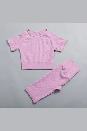 Merkloos Gymset - LIGHT RIBBED SHORT SET - Mt L - - Roze - 2delig - Fitness set - Fitness short en top - Gym short en top - Sportkledingset - Sportset - Yogaset - Yogashort en top