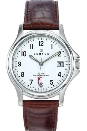 Certus Duidelijk heren horloge-Datumaanduiding-Bruin lederen horlogeband.