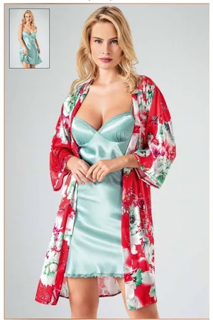 Merkloos Satijn Dames 2- Delige Nachtjapon/ Ochtendjas -Pyjama- Luxe Pyjamaset- Lingerie- Sexy- Nachtkleding Maat M