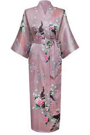 KIMU ® Kimono 7/8 - Maat M-L - Yukata Satijn Boven de Enkel - Lange Paars Taupe Ochtendjas Japanse Kamerjas Sexy Satijnen Badjas Geisha Dames Festival