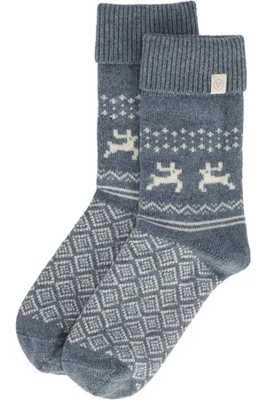 Apollo Dames Wollen Huissokken Donkergrijs Met Omslag Winter Print - Maat 39-42