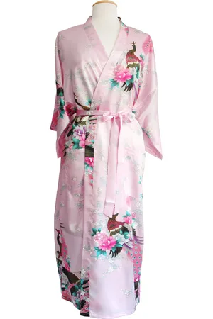 KIMU ® Kimono 7/8e - Maat L-XL - Yukata Satijn Boven de Enkel - Lange Roze Ochtendjas Japanse Kamerjas Sexy Satijnen Badjas Geisha Japan Pauw Festival