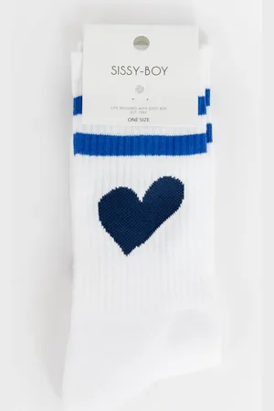 Sissy-Boy Witte sportsokken - Blauwe strepen - Donkerblauw hart
