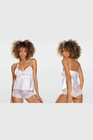 DKaren Satijnen shortama met doorzichtig kanten broekje -Verleidelijke kanten pyjama - Prachtige lingerie set - Nevada - XL