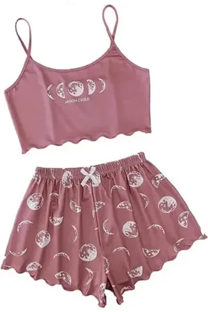 Merkloos Cathy Kezian Dames Pyjama Nachtkleding Pyjama Set Sport Hemd En Korte Broek S M L Roze Maan En Planeet Print Zomer Zacht Comfort Casual