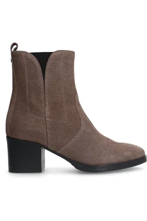 No Stress Dames - Taupe leren enkellaarsjes met hak - Maat 39